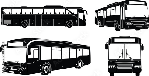 Black city and coach bus silhouettes set with multiple angles including side, front, and perspective views isolated on white background vector illustration