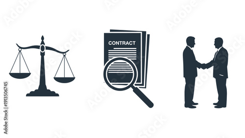 Legal contract review, business deal handshake, and balanced justice scales icons