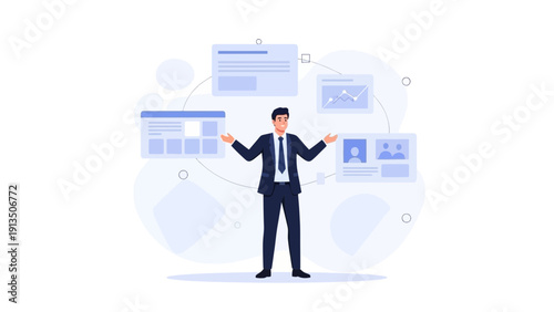 Businessman juggling multiple tasks and projects with digital interfaces around him