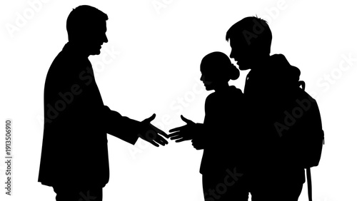 Business handshake silhouette of three people, teamwork and success illustration