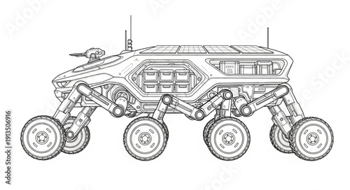 Futuristic Mars Rover Vehicle Illustration Line Art.