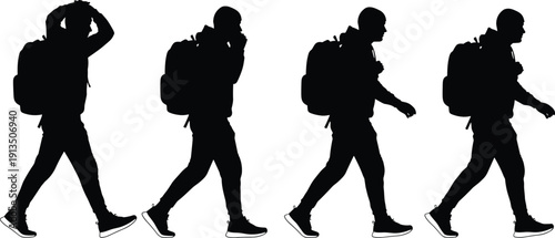 Black silhouettes of a young man with a backpack walking and gesturing in different poses isolated on a white background for travel concepts