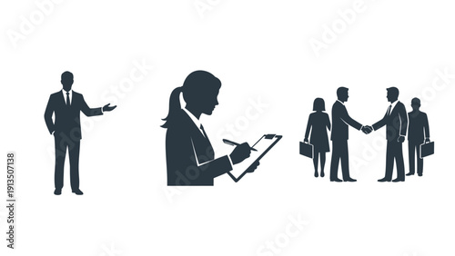 Business Professionals Meeting and Working Together Silhouettes Icon Set