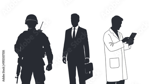 Silhouettes of a soldier, businessman, and doctor representing different professions and careers