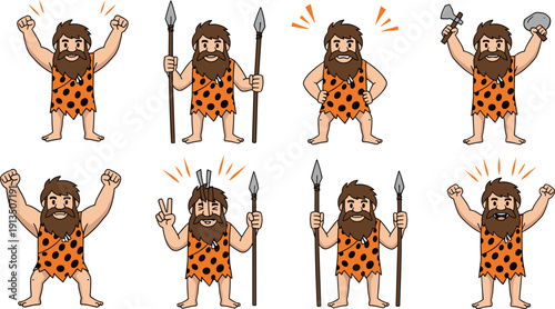 Cartoon caveman character set with stone age man holding spear and club primitive prehistoric vector illustration isolated on white background