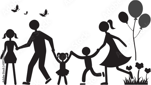 Happy family walking together in a park with balloons