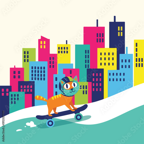 A cat wearing a helmet rides a skateboard in front of a colorful city