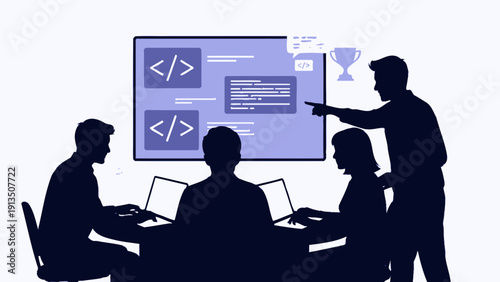 Team collaborating on coding project, with presentation screen and trophy symbolizing success