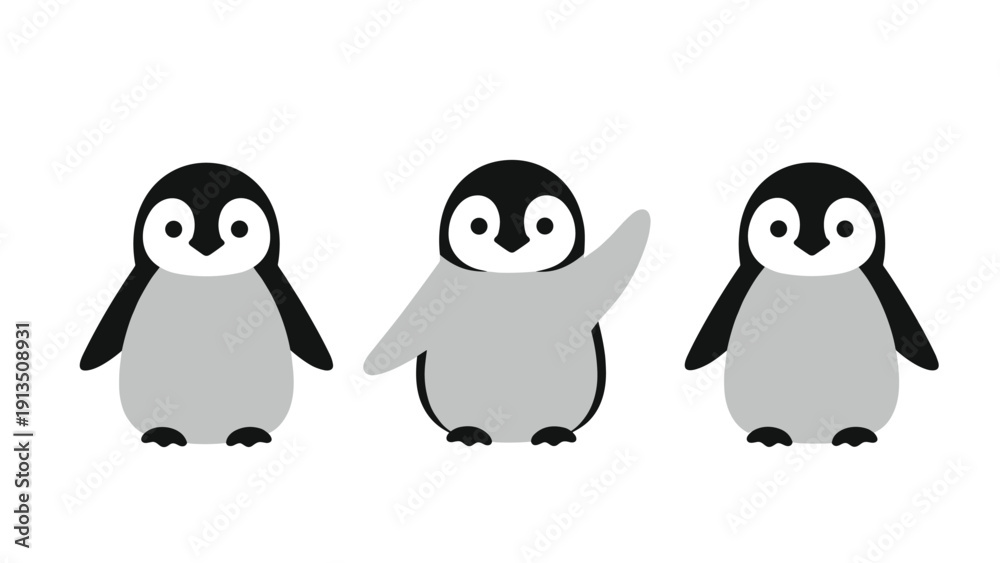 Fototapeta premium Three adorable cartoon penguins are standing together on a white background with the middle one playfully waving its flipper at the viewer.