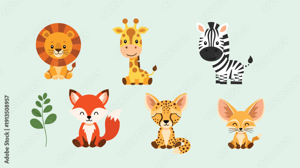 Fototapeta premium Adorable set of six cartoon wild animals includes a lion, giraffe, zebra, fox, cheetah, and fennec fox sitting happily in a group.
