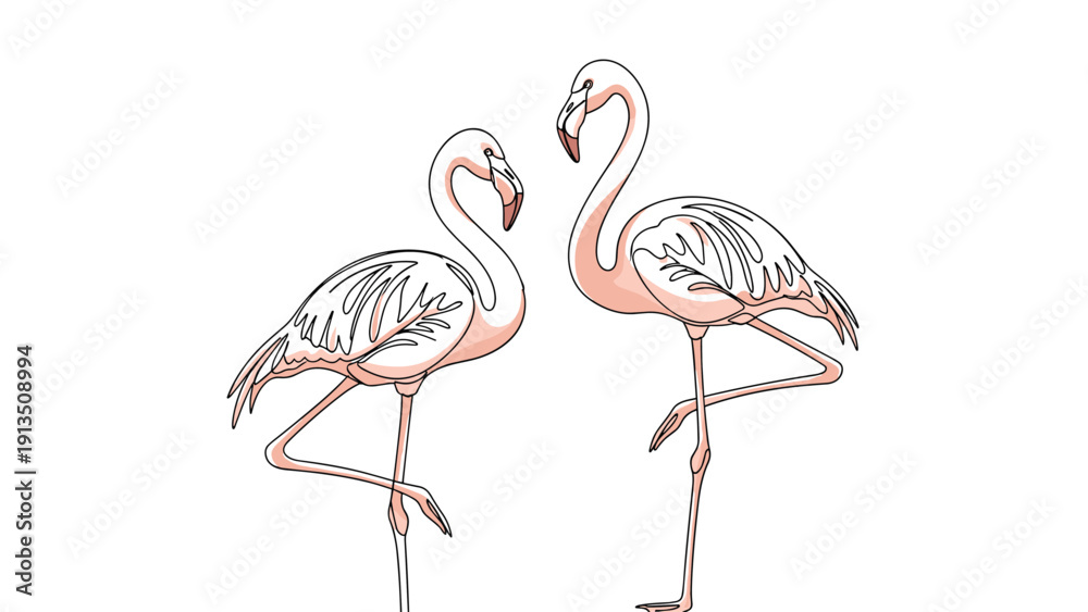 Obraz premium Two elegant pink flamingos standing in profile view with one leg raised against a minimal white background.