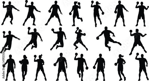 Collection of professional handball player silhouettes in various action poses including jumping shooting dribbling and running isolated on white background for sports graphic design