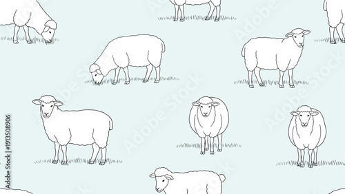 Peaceful seamless pattern shows several white sheep grazing or standing alertly on a very light green field representing a farm scene.
