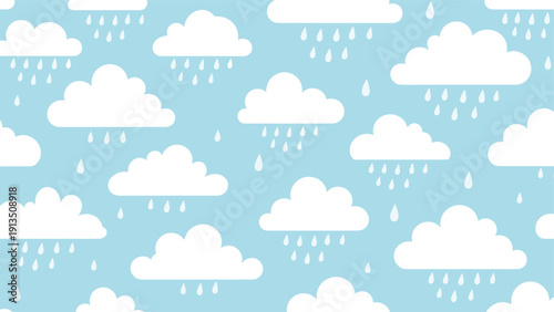 Sweet seamless pattern displays fluffy white clouds with gentle blue raindrops falling against a clear light blue sky background for kids.