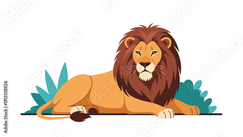 Majestic male lion with a thick brown mane is depicted lying calmly among green bushes in a stylized savannah landscape illustration.