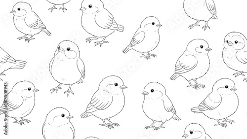 Delicate seamless pattern showcases numerous small bird sketches resembling fluffy chicks or sparrows in various standing and looking poses.