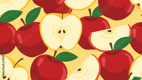 Mouth-watering seamless pattern is filled with whole and sliced red and yellow apples with green leaves on a bright yellow background.