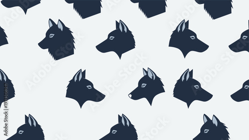 Striking seamless pattern features dark blue wolf head profiles with white eyes repeated across a clean light blue or white background.