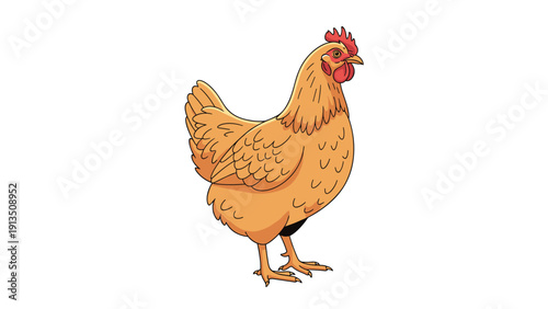 Detailed illustration of a brown hen shows its textured feathers and red comb as it stands alertly on a clean white background.