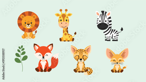 Adorable set of six cartoon wild animals includes a lion, giraffe, zebra, fox, cheetah, and fennec fox sitting happily in a group.