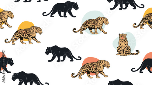 Colorful seamless pattern featuring illustrated leopards and black panthers walking between soft round colored spots.