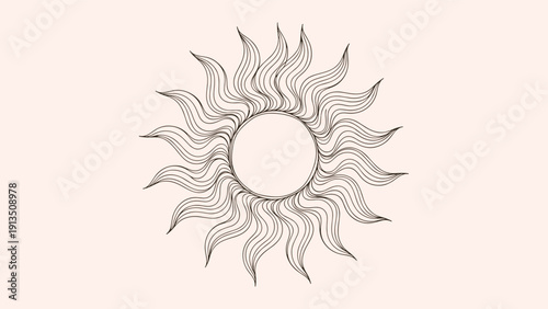 Stylized sun symbol with wavy rays and a central blank circle presented on a soft peach pink colored background.
