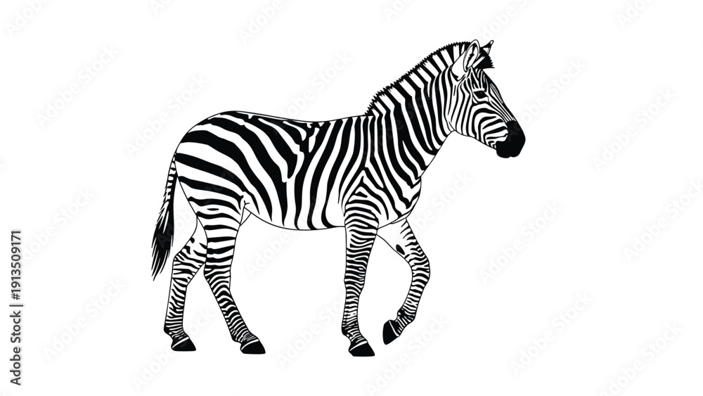 Obraz premium Realistic black and white illustration of a zebra walking with its distinctive striped pattern isolated on white.