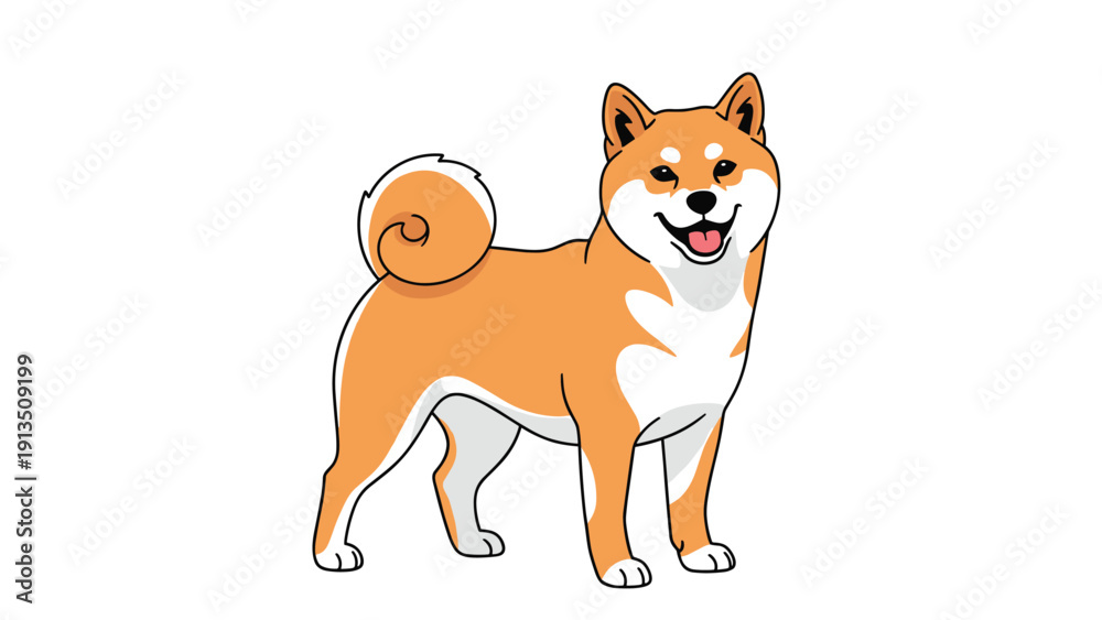 Fototapeta premium Happy shiba inu dog standing with a smiling face and a curled tail in a clean vector illustration style for pet lovers.