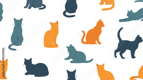 Seamless pattern featuring cute cat silhouettes in various shades of orange blue and dark gray on white backdrop.