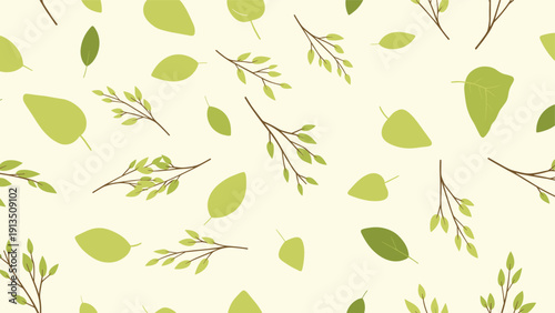 Lovely seamless pattern showing a variety of green leaves and small twigs scattered across a light cream background.