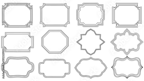 Collection of twelve decorative border frames with intricate geometric lines and curves in a black line art style.