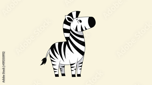 Cute cartoon zebra character standing with a friendly expression on a light yellow background for kids books.
