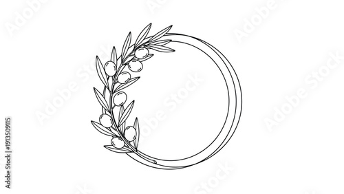 Minimalist circular frame decorated with a hand drawn olive branch and olives in a classic black line art style.