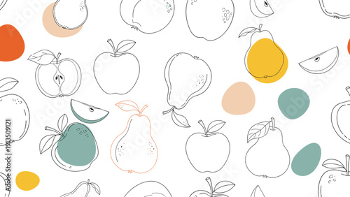 Seamless pattern of hand drawn apples and pears in line art style with colorful abstract blobs on white ground.