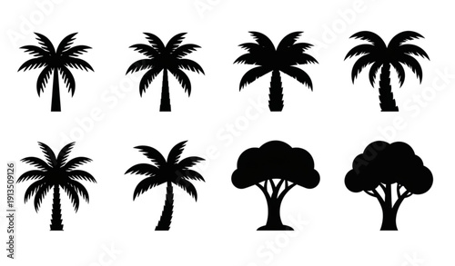 Title 3
Minimal black palm tree silhouette icons tropical vector set isolated on white backgro