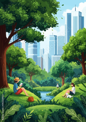 Urban Serenity in the Park with City Skyline Illustration