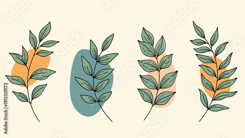 Four elegant botanical leaf branches in green line art with abstract colored blobs in orange and blue on beige background.