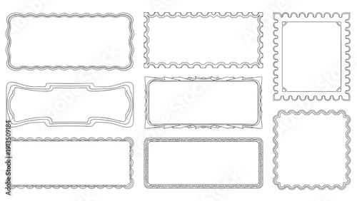 Collection of eight decorative rectangular frames with unique wavy and scalloped borders in a black line art style.