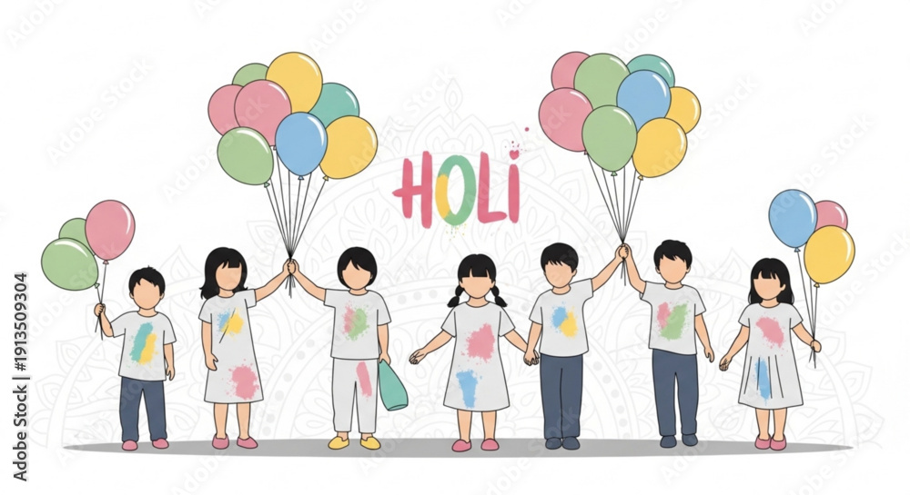 Fototapeta premium Children celebrating Holi festival with colorful balloons traditional Indian festival of colors vector illustration on white background