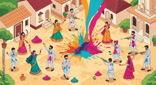 People celebrating Holi festival with colors traditional Indian village scene vibrant cultural event illustration for festivals and celebrations
