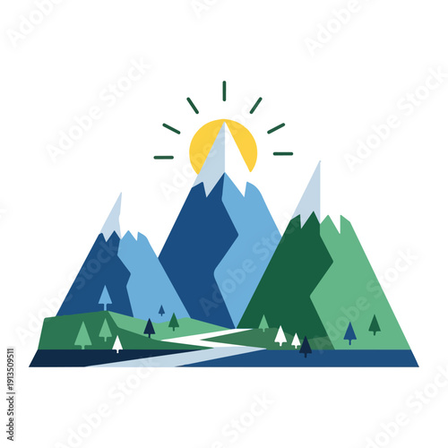 A cartoon landscape of snowy peaks, sun, river, and trees