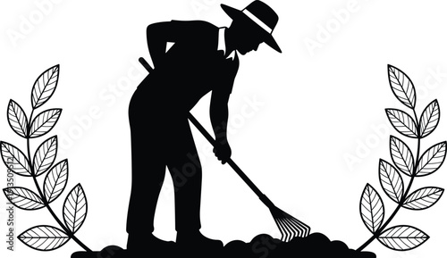 Farmer silhouette raking soil in garden field surrounded by plants, agricultural worker illustration isolated on white background for farming and rural concept