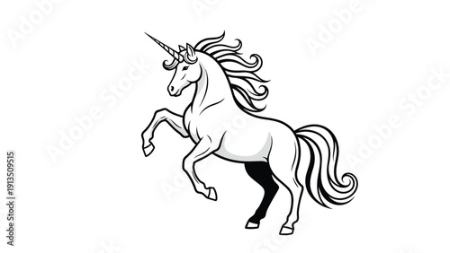 Majestic unicorn rearing on its hind legs with a flowing mane and tail, presented as a black and white line drawing on a white background.