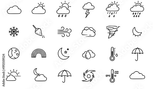 Simple Black and White Weather Line Icons Set with Climate and Forecast Symbols