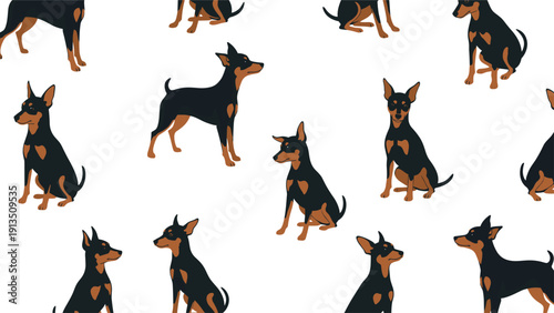 Seamless pattern featuring miniature pinscher dogs in sitting and standing poses, colored in black and tan on a white background.