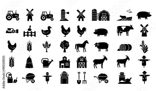 Minimal Black Farm Silhouette Icons Collection in Modern Agriculture Style