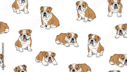 Seamless pattern of cute bulldog puppies in sitting and lying poses, featuring their characteristic wrinkled faces and stocky builds.