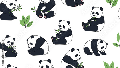 Charming seamless pattern featuring giant pandas sitting and eating green bamboo stalks on a clean white background for a playful look.