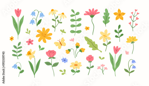 Hand-drawn doodle flowers of different colors for the spring and summer season