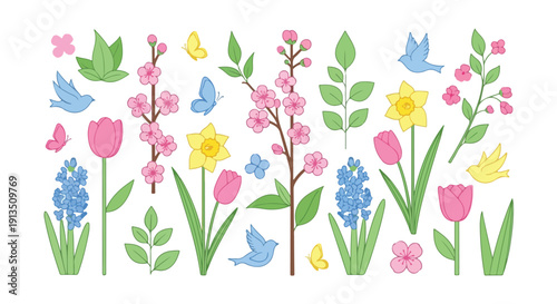 A cheerful illustration of spring flowers, birds, and butterflies